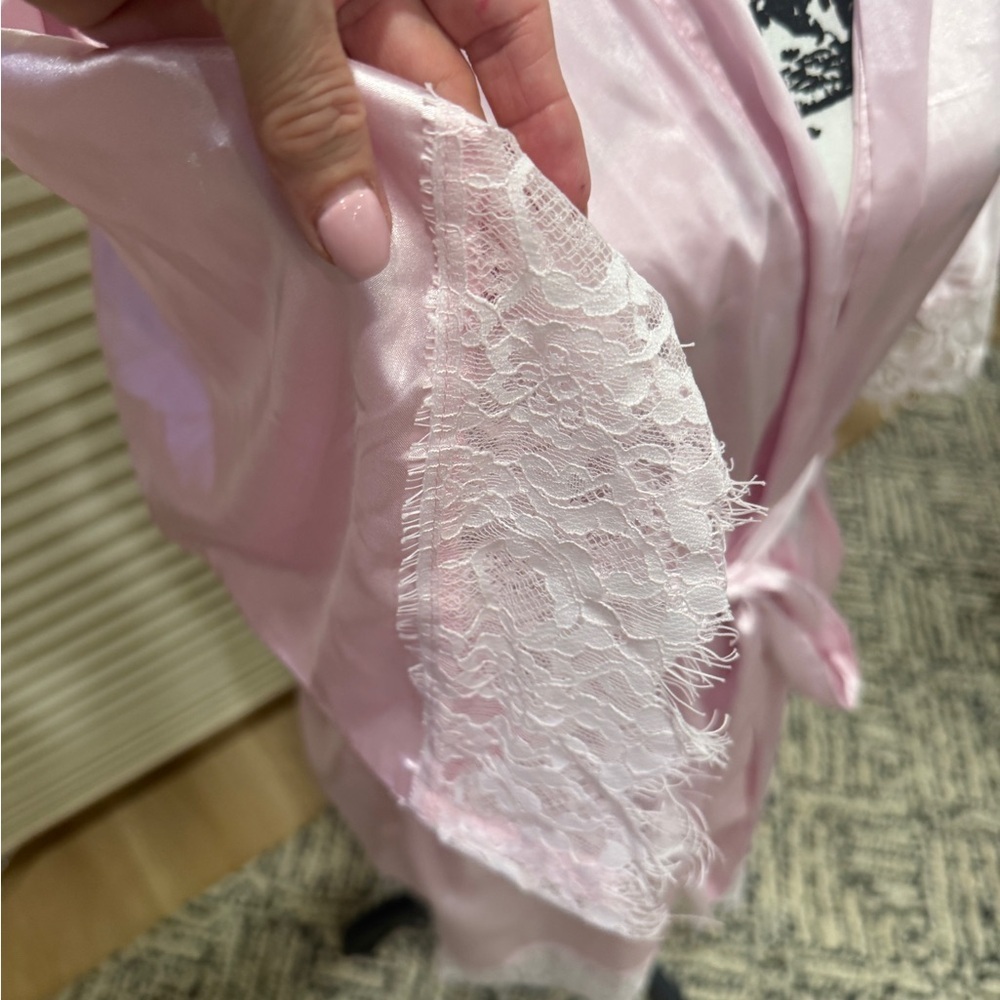 Pink Satin Robe with Lace Trim - Picture 2 of 3